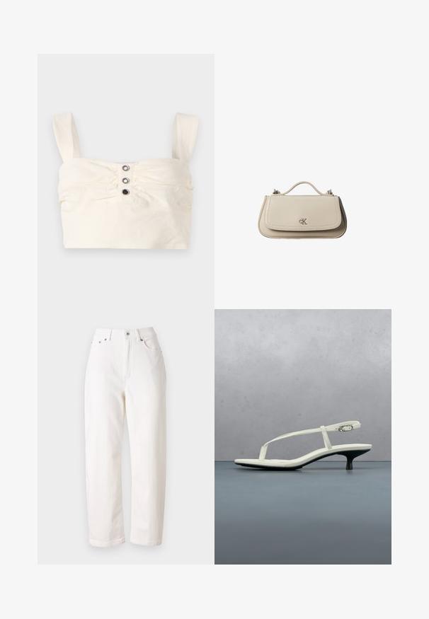 Débardeur court en tissu crème avec des côtés froncés, deux larges bretelles et trois boutons décoratifs sur le devant.; Jean en denim blanc avec une coupe droite, taille haute, fermeture éclair et bouton métallique. Comprend cinq poches et une couture discrète.; Sandale blanche à talon kitten avec des lanières et un bout pointu, flottant au-dessus d'un sol en carrelage en bois en plein air avec un arrière-plan flou de plante et de mur.; Petit sac à main en cuir beige avec poignée supérieure et logo CK argenté sur le rabat avant, présenté sur fond blanc.