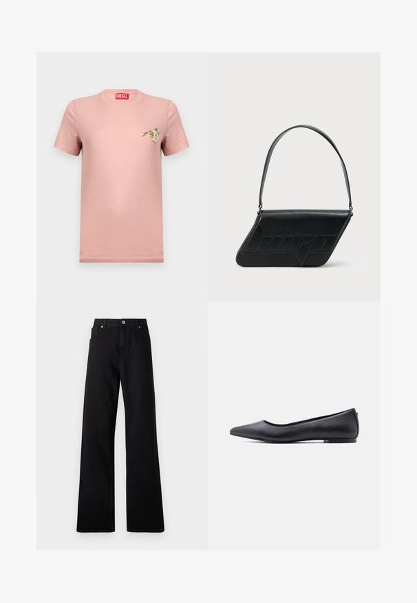 T-shirt Diesel rose clair à manches courtes avec un petit motif floral et la lettre D sur le côté gauche de la poitrine, et une étiquette de marque rouge à l'intérieur du col.; Jean large noir en denim avec un design à cinq poches, fermeture à bouton à l'avant et détails de couture subtils.; Chaussure plate en cuir noire à bout pointu avec petit talon, vue de profil sur fond blanc.; Sac d'épaule en cuir noir de forme triangulaire, avec un logo embossé et une seule bandoulière réglable. Design minimaliste avec une texture lisse.