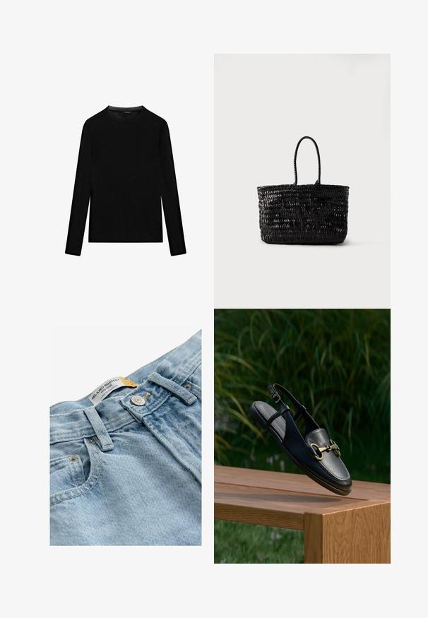 Sort langærmet rundhalset skjorte med slim pasform, vist fladt på en hvid baggrund.; Next Jeans Bootcut - bleach; Sort læder slingback-sko med rund tå, guldfarvede metaldele og glat tekstur, vist på en træoverflade.; Sort vævet lædertaske med to afrundede håndtag, stående oprejst på en ensfarvet hvid baggrund.