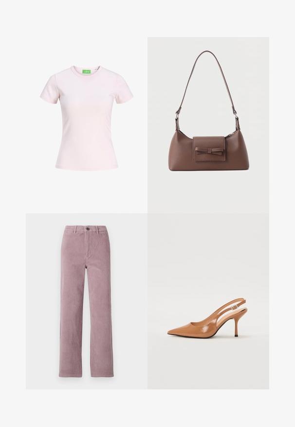 Schlichtes hellrosa, figurbetontes T-Shirt mit kurzen Ärmeln und Rundhalsausschnitt, mit einem grünen Label innen im Halsausschnitt, das den Markennamen JJXX zeigt.; Cordhose in hellem Mauve mit geradem Beinanschnitt. Sie verfügt über einen vorderen Knopfverschluss und eine vertikale Rippstruktur.; Spitz zulaufender Slingback-Absatz aus einem glatten, glänzenden, tanfarbenen Material. Mit einem geschwungenen Ausschnitt-Design und einem schlanken Stiletto-Absatz. Silberne Schnallendetails.; Braune Leder-Umhängetasche mit einer vorderen Klappentasche, die ein gestepptes Schleifendetail und einen verstellbaren Riemen aufweist.