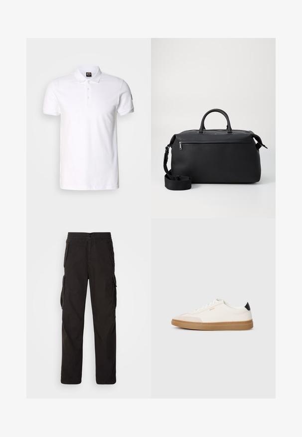 Witte poloshirt van katoen met een effen kleur, korte mouwen, een kraag en drie knoopsluitingen aan de voorkant.; Zwarte cargobroek met een rechte snit, elastische tailleband, meerdere zijzakken en een textiele stof voor duurzaamheid.; Witte sneakers met beige accenten, bovenwerk van glad leer, ronde neus en rubberen gumzool, met een zwarte hieltab en subtiele branding.; Zwarte leren reistas met twee bovenhandvaten, een afneembare schouderband en een ritsvak aan de voorkant voor extra opbergruimte.