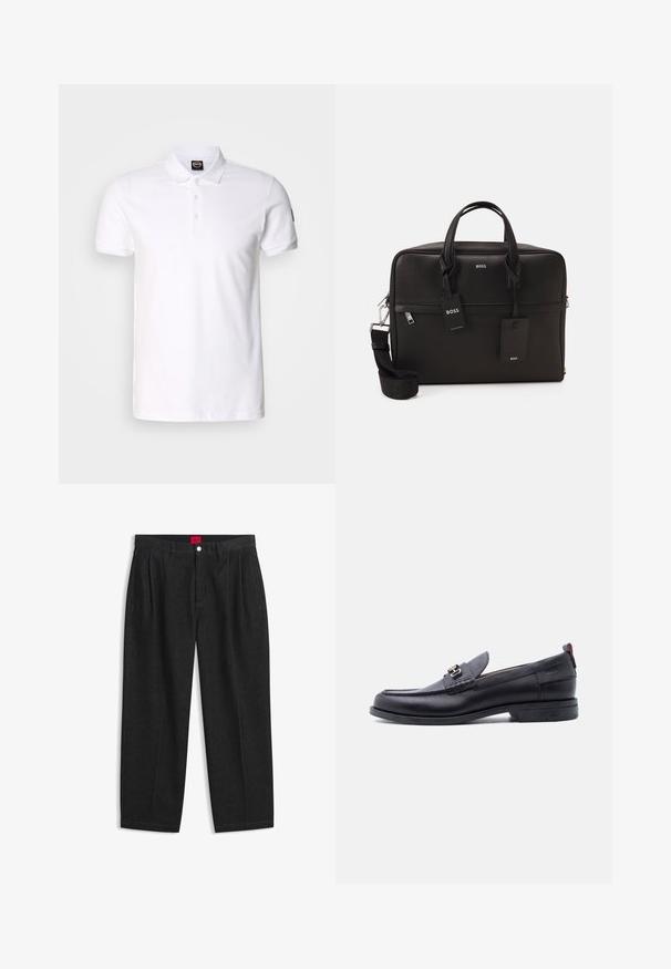 Witte poloshirt van katoen met een effen kleur, korte mouwen, een kraag en drie knoopsluitingen aan de voorkant.; Zwarte hoge taille broek met plooien aan de voorkant, ceintuurlussen, een knoop- en ritsluiting, en een rood label aan de binnenkant van de tailleband.; Zwarte leren loafer met grijze, gestructureerde vamp, zilveren metalen gesp, lage hak en trekkoord aan de achterkant.; Zwarte laptoptas met een gestructureerd oppervlak, dubbele handvatten, een afneembare schouderriem en metalen hardware. Beschikt over twee labels en een gestructureerd ontwerp.