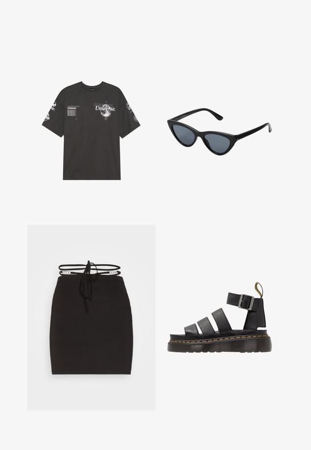 Μαύρο βαμβακερό T-shirt με κοντά μανίκια, στρογγυλή λαιμόκοψη, εκτυπωμένα γραφικά που περιλαμβάνουν κείμενο και σεληνιακά μοτίβα στο μπροστινό μέρος και τα μανίκια.; Noisy May NMCELESTE CHAIN DETAILS SKRIT - Μίνι φούστα - black; Μαύρη δερμάτινη σαγιονάρα με τρεις φαρδιές λουρίδες, ρυθμιζόμενο μεταλλικό κούμπωμα, χοντρή υφής σόλα και πορτοκαλί ραφή κατά μήκος της άκρης.; Μαύρα γυαλιά ηλίου cat-eye με σκούρους γκρίζους φακούς, κομψό πλαστικό σκελετό, μυτερές γωνίες και ίσιους βραχίονες. Χωρίς ορατό υλικό ή διακοσμητικά στοιχεία.