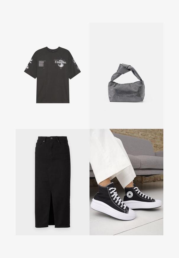 T-shirt en coton noir avec des manches courtes, un col rond, des graphismes imprimés incluant du texte et des motifs lunaires sur le devant et les manches.; Jupe en jean noir avec une fente avant, taille haute, et style classique à cinq poches. Texture lisse et coupe classique.; Baskets montantes noires avec semelles et lacets en caoutchouc blanc. Dotées d'un patch logo rond et de surpiqûres blanches contrastantes. Matière en toile.; Sac à main noir et argent avec une surface texturée affichant un motif en diamant, une anse nouée et une forme structurée.