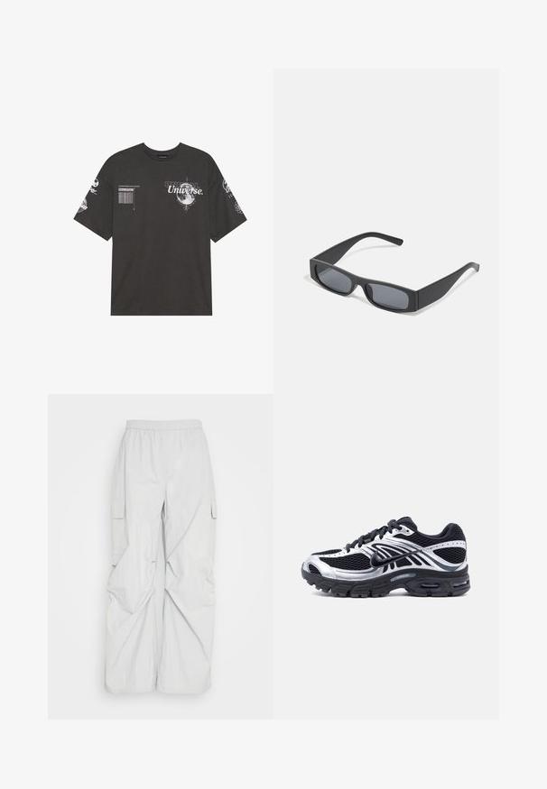 Μαύρο βαμβακερό T-shirt με κοντά μανίκια, στρογγυλή λαιμόκοψη, εκτυπωμένα γραφικά που περιλαμβάνουν κείμενο και σεληνιακά μοτίβα στο μπροστινό μέρος και τα μανίκια.; Weekday NILA TRACKSUIT TROUSER - Παντελόνι - grey dusty light; Μαύρο και ασημί αθλητικό παπούτσι Nike για τρέξιμο με επάνω μέρος από δίχτυ, σόλα με αερόσακο και κορδόνια, εμφανιζόμενο από το πλάι σε λευκό φόντο.; Μαύρα ορθογώνια γυαλιά ηλίου με σκούρους φακούς και παχιούς ματ σκελετούς. Οι βραχίονες είναι ελαφρώς κομμένοι με λεία υφή.