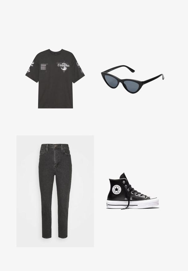 T-shirt en coton noir avec des manches courtes, un col rond, des graphismes imprimés incluant du texte et des motifs lunaires sur le devant et les manches.; Jeans en denim noir taille haute avec une coupe slim, dotés d'une fermeture à bouton, de passants de ceinture et d'un design classique à cinq poches.; Baskets montantes Converse Chuck Taylor All Star noires avec semelle en caoutchouc blanc et patch logo sur la cheville, présentées sur un fond blanc.; Lunettes de soleil noires en forme d'œil de chat avec des verres gris foncé, monture en plastique élégante, coins pointus et branches droites. Pas de métal visible ni d'accents.