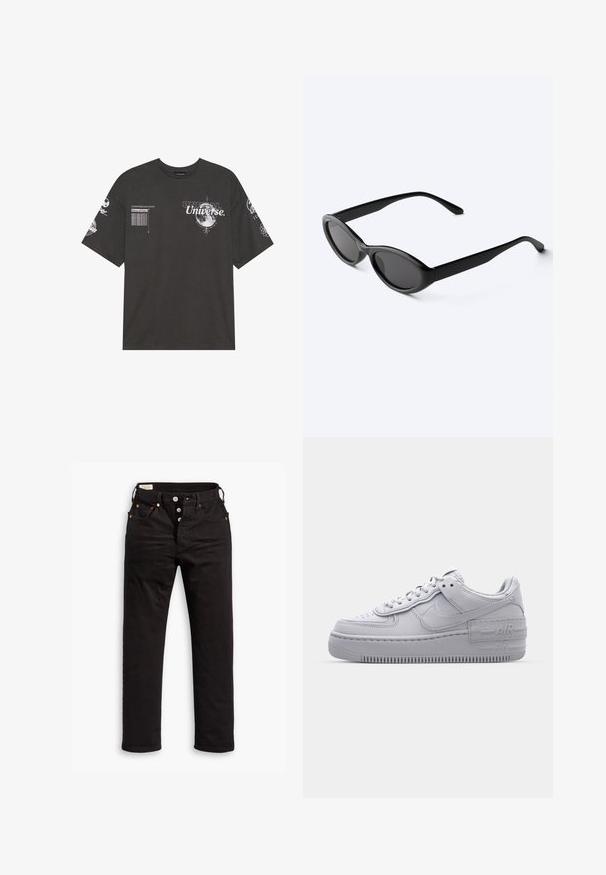 T-shirt en coton noir avec des manches courtes, un col rond, des graphismes imprimés incluant du texte et des motifs lunaires sur le devant et les manches.; Jean noir à jambe droite avec fermeture à boutons, poches avant et arrière, et détails en rivets cuivrés sur fond blanc.; Basket en cuir lisse gris Nike Air Force 1 avec un bout perforé, une semelle épaisse et un détail 'AIR' en relief sur le talon.; Lunettes de soleil ovales noires et élégantes avec des verres foncés et des branches droites, posées sur une surface blanche.