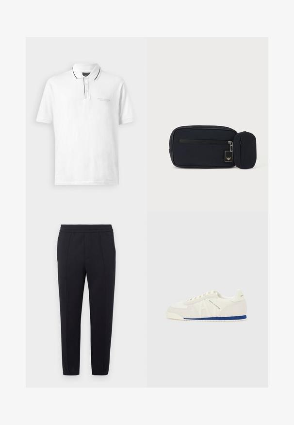 Chemise polo blanche avec col, ornée de bordures noires le long du col et de la patte de boutonnage. Comprend trois boutons et un logo discret sur la poitrine.; Pantalon de jogging noir avec une taille élastique, des jambes fuselées, des poches latérales et une texture de tissu lisse. Présente des détails cousus le long des coutures.; Baskets basses blanches avec bande bleue sur la semelle, panneaux en daim et mesh, lacets, et marquage "Armani Exchange" sur le côté et le talon.; Pochette rectangulaire noire avec fermeture éclair avant et petite pochette arrondie attachée, sur un fond clair uni.