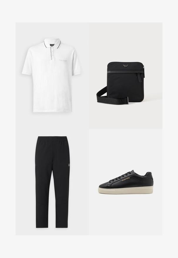 Camisa tipo polo blanca con cuello, que presenta un borde negro a lo largo del cuello y la tapeta. Incluye tres botones y un logo sutil en el pecho.; Pantalones deportivos negros ajustados con cinturilla elástica y pequeño logotipo blanco "EA7 Emporio Armani" en la parte superior del muslo.; Zapatilla de cuero negra con un acabado suave, suela crema en contraste, puntera redonda, logo dorado en el lateral y seis ojales para los cordones.; Bolso de hombro negro cuadrado con cierre de cremallera, bolsillo delantero y correa ajustable con nombre de marca en relieve.