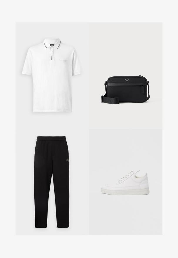 Chemise polo blanche avec col, ornée de bordures noires le long du col et de la patte de boutonnage. Comprend trois boutons et un logo discret sur la poitrine.; Pantalons de survêtement noirs ajustés avec taille élastique et petit logo imprimé sur la cuisse supérieure gauche.; Baskets en cuir blanc avec un embout arrondi, une semelle plate et un laçage à l'avant. Présentent des détails de couture et un col rembourré pour plus de confort.; Sac bandoulière rectangulaire noir avec poche avant zippée, sangle réglable et petit logo métallique en haut au centre.