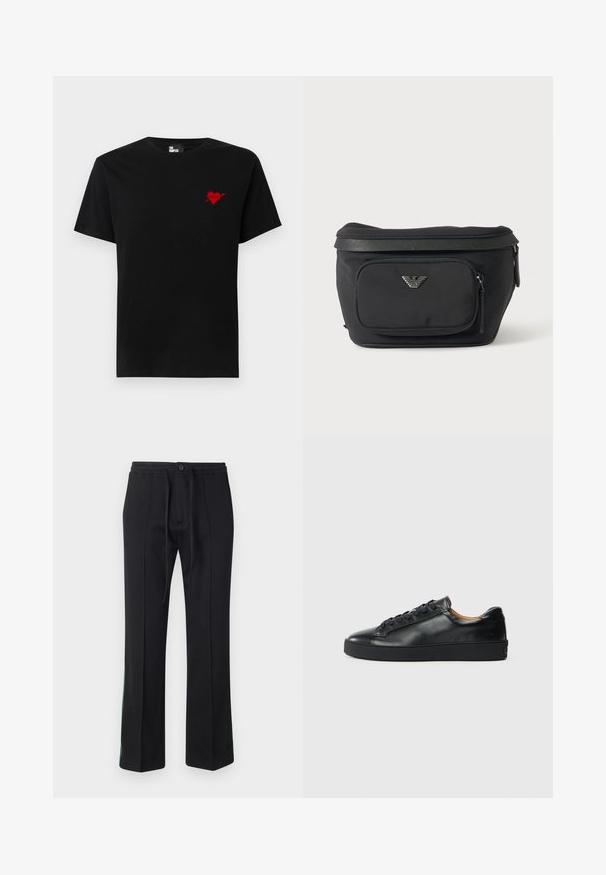 T-shirt en coton noir avec un petit design de cœur rouge et d'une flèche sur le côté gauche de la poitrine. Encolure standard à col rond avec des manches courtes.; Pantalons de jogging noirs avec taille à cordon, devant plat et jambes droites. Accents verts le long des coutures latérales. Texture de tissu douce.; Baskets en cuir noir avec une texture lisse, bout rond et fermeture à lacets. Comprend une semelle en caoutchouc épaisse et un minimum de détails de marque.; Sac banane noir avec poche avant zippée et logo aigle argenté, tissu lisse avec bordure texturée et tirettes de fermeture éclair.