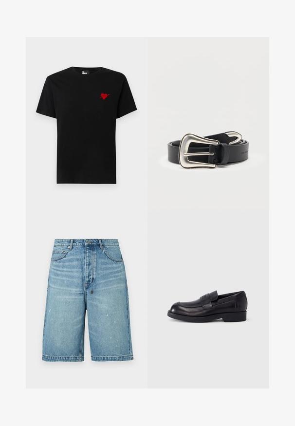 Zwarte katoen T-shirt met een klein rood hart en pijlenontwerp op de linkerkant van de borst. Standaard crew neckline met korte mouwen.; Lichtblauwe denim shorts met een losse pasvorm, voorzien van subtiele vervaging, een ritssluiting, vijf zakken en gestikte details.; Zwarte leren loafer met lage hak en band over de wreef, met een gegraveerd logo op de band, weergegeven in zijaanzicht op een witte achtergrond.; Zwarte leren riem met een grote zilverkleurige westernstijl gesp en bijpassende zilveren riemtip, opgerold op een witte achtergrond.