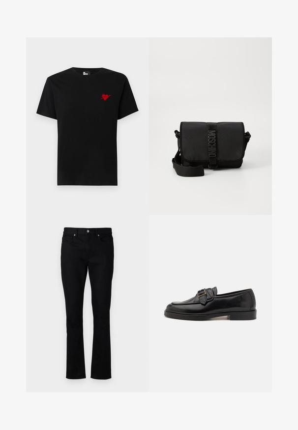 Zwarte katoen T-shirt met een klein rood hart en pijlenontwerp op de linkerkant van de borst. Standaard crew neckline met korte mouwen.; Zwarte denim jeans met een rechte pijp, met een middelhoge taille, vijf zakken en metalen hardware accentueert. Soepele textuur.; Zwarte leren instappers met een ronde neus en een decoratieve gesp. Platte, stevige hak en een gladde textuur overal.; Zwarte nylon schoudertas met klep, voorzien van een opvallende logo riemsluiting, een verstelbare schouderriem en zijnaaddetails.
