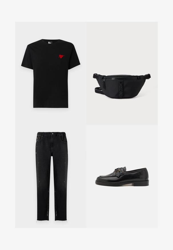 Zwarte katoen T-shirt met een klein rood hart en pijlenontwerp op de linkerkant van de borst. Standaard crew neckline met korte mouwen.; Zwarte denim jeans met een elastische tailleband, rechte snit, verwerkte details en een rafelige onderrand. Bevat zakken en een knoopsluiting.; Zwarte leren instappers met een ronde neus en een decoratieve gesp. Platte, stevige hak en een gladde textuur overal.; Zwarte Moschino heuptas met rits aan de voorkant en verstelbare band op een egale lichte achtergrond.