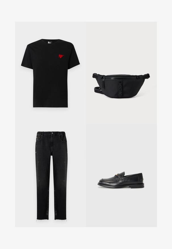 T-shirt en coton noir avec un petit design de cœur rouge et d'une flèche sur le côté gauche de la poitrine. Encolure standard à col rond avec des manches courtes.; Jeans noirs en denim avec une taille élastique, coupe droite, détails usés et ourlet effiloché. Comprend des poches et une fermeture à bouton.; Des mocassins en cuir noir présentent un bout arrondi, des détails cousus et un petit accent doré à l'avant. La semelle est plate et discrète.; Sac banane noir Moschino avec fermeture éclair frontale et sangle ajustable sur un fond uni clair.