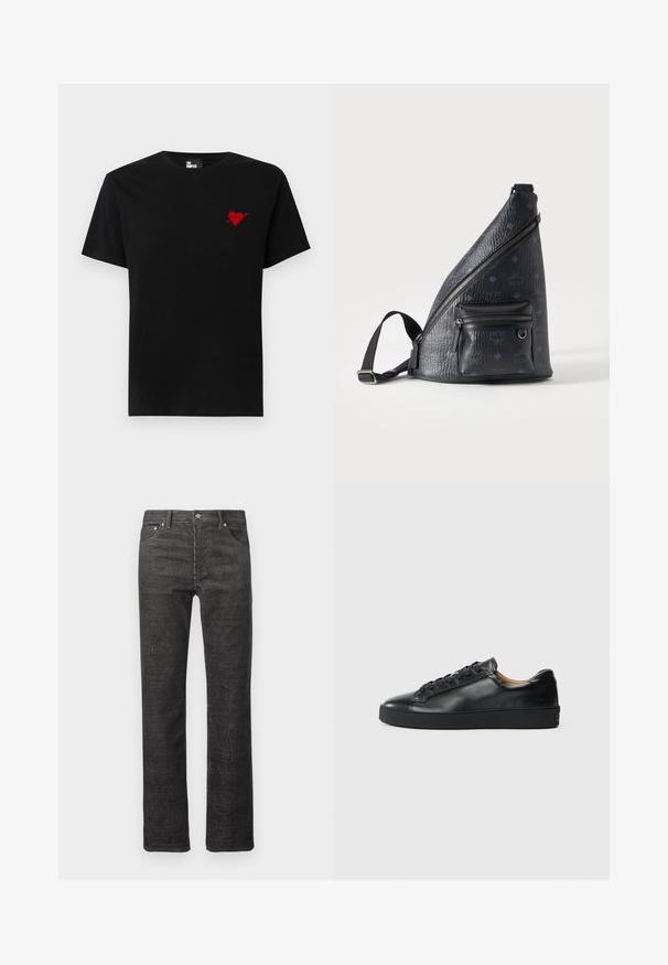 T-shirt en coton noir avec un petit design de cœur rouge et d'une flèche sur le côté gauche de la poitrine. Encolure standard à col rond avec des manches courtes.; Jean droit en velours côtelé noir avec poches avant et arrière, passants de ceinture et fermeture à bouton sur fond blanc.; Baskets en cuir noir avec une texture lisse, bout rond et fermeture à lacets. Comprend une semelle en caoutchouc épaisse et un minimum de détails de marque.; Sac bandoulière en cuir noir texturé avec fermeture éclair inclinée, poche avant zippée, petits logos embossés et sangle réglable sur fond blanc.