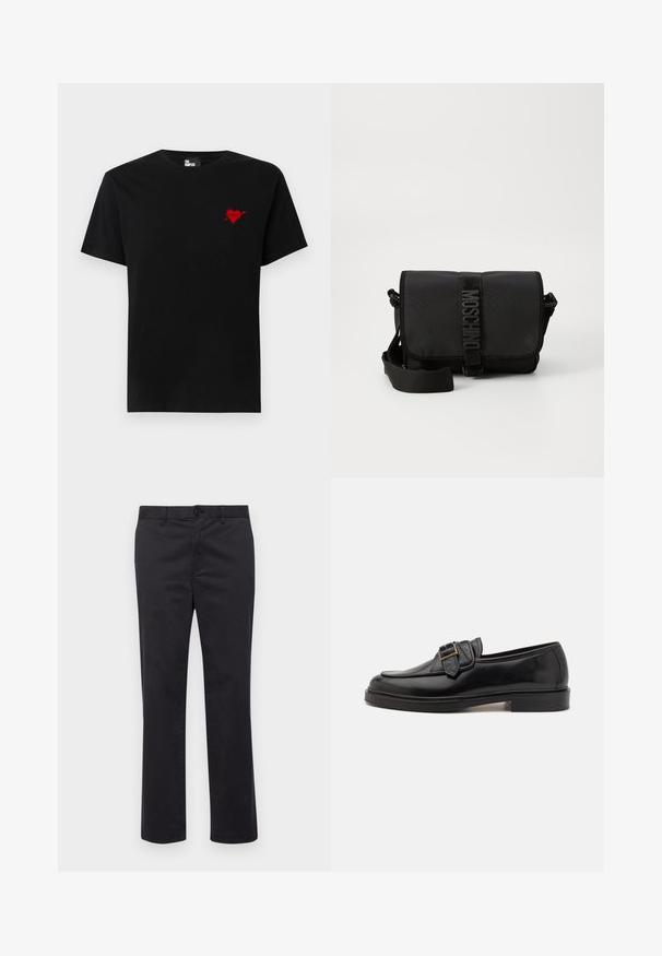 T-shirt en coton noir avec un petit design de cœur rouge et d'une flèche sur le côté gauche de la poitrine. Encolure standard à col rond avec des manches courtes.; Pantalons en coton noir avec une coupe droite, dotés d'une fermeture à bouton et de passants de ceinture. Texture lisse, sans motifs ni accents visibles.; Mocassins en cuir noir avec un bout arrondi et une boucle décorative. Talon plat, solide et texture lisse sur l'ensemble.; Sac bandoulière noir en nylon avec rabat, doté d'une fermeture à bande logo proéminente, d'une bandoulière réglable et de détails de surpiqûres sur les côtés.