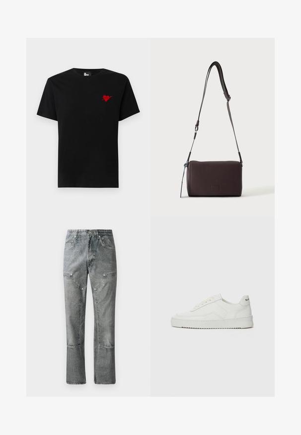 Zwarte katoen T-shirt met een klein rood hart en pijlenontwerp op de linkerkant van de borst. Standaard crew neckline met korte mouwen.; Grijze denimjeans met een rechte snit, voorzien van frontzakken, zichtbare stiksels en een vervaagde afwerking. Het materiaal heeft een gladde textuur.; Witte leren sneaker met een gladde afwerking, ronde neus, platte veters en een gestructureerde zool. Kenmerkt zich door een subtiel logo op de hiel.; Donkerbruine gestructureerde leren crossbodytas met verstelbare riem en klein decoratief blauw accent aan de zijkant.