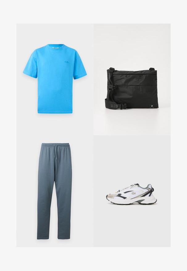 Hellblaue Baumwoll-T-Shirts mit kurzen Ärmeln, Rundhalsausschnitt und kleinem Logo auf der linken Brust. Glatte Textur und klassische Passform.; Blaugraue Sweatpants mit elastischem Bund, verstellbarem Kordelzug und geraden Beinen, dargestellt vor weißem Hintergrund.; Weißer Sportschuh mit silbernen und schwarzen Akzenten, Obermaterial aus Netzstoff, strukturierte Sohle und ein schlankes Design mit einem Logo an der Seite.; Schwarze Nylon-Umhängetasche mit verstellbarem Riemen, flachem Design und seitlichem Etikett mit Logo. Glatte Textur und minimalistischer Stil.