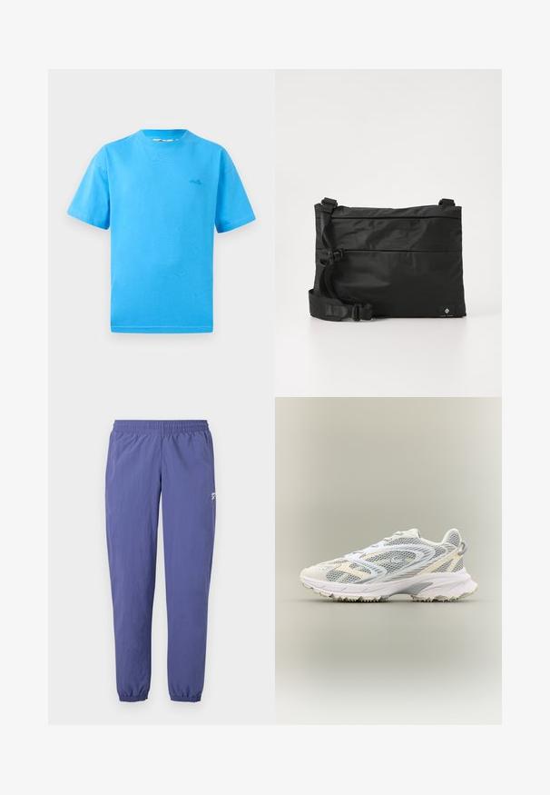 Hellblaue Baumwoll-T-Shirts mit kurzen Ärmeln, Rundhalsausschnitt und kleinem Logo auf der linken Brust. Glatte Textur und klassische Passform.; Lila Windbreaker-Hosen mit elastischem Bund, schmal zulaufenden Beinen, elastischen Bündchen und einer Seitentasche mit einem kleinen Logodetail.; Weißer Sportschuh mit grauen Netzpaneelen, strukturierten Überzügen, einem gepolsterten Kragen und einer Gummisohle mit kleinen Traktionsspikes.; Schwarze Nylon-Umhängetasche mit verstellbarem Riemen, flachem Design und seitlichem Etikett mit Logo. Glatte Textur und minimalistischer Stil.