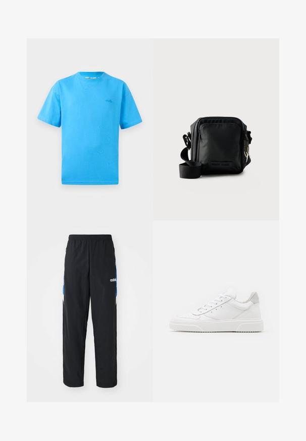 T-shirt en coton bleu clair avec des manches courtes, col rond et un petit logo sur la poitrine gauche. Texture lisse et coupe classique.; Pantalons de sport noirs avec une taille élastique, présentant des accents graphiques bleus et blancs sur les côtés, et un logo brodé.; Des baskets en cuir blanc avec une finition lisse, un bout rond, des lacets plats et une semelle texturée. Accents en daim gris au niveau du talon.; Petit sac bandoulière noir compact avec poche zippée à l'avant, bandoulière réglable et tissu texturé sur fond uni.