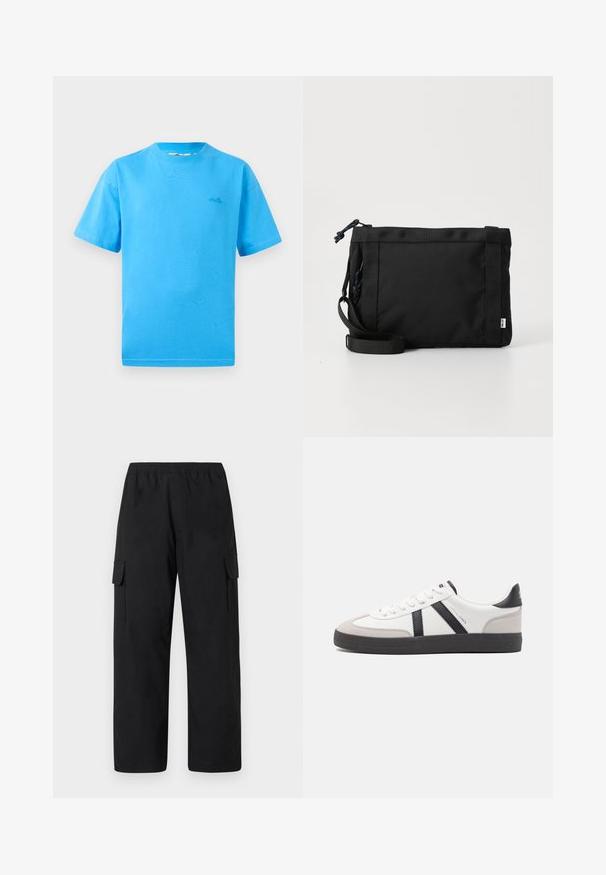 Hellblaue Baumwoll-T-Shirts mit kurzen Ärmeln, Rundhalsausschnitt und kleinem Logo auf der linken Brust. Glatte Textur und klassische Passform.; Schwarze Cargohosen mit elastischem Bund, zwei seitlichen Cargotaschen und lockerem, geradem Bein. Hergestellt aus leichtem Material.; Weiße Sneaker mit schwarz- und grau-aczenten, ausgestattet mit einer strukturierten grauen Zehenkappe, schwarzer Gummi-Sohle und flachen weißen Schnürsenkeln. Sauberes Design, minimalistische Stil.; Schwarze Stoff-Schultertasche mit texturiertem Äußeren, verstellbarem Schultergurt und Kordelzugverschluss. Verfügt über auffällige Nähte und ein seitliches Etikett.