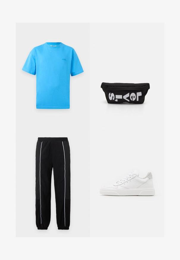 Hellblaue Baumwoll-T-Shirts mit kurzen Ärmeln, Rundhalsausschnitt und kleinem Logo auf der linken Brust. Glatte Textur und klassische Passform.; Schwarze Jogginghosen mit weißen Seitenstreifen, elastischem Bund und Bündchen. Hergestellt aus weichem, strukturiertem Stoff für Komfort und Flexibilität.; Weiße Leder-Sneaker mit glatter Oberfläche, rundem Zehenbereich, flachen Schnürsenkeln und strukturiertem Schuhsohlen. Graues Wildleder-Detail an der Ferse.; Schwarze Stofftasche mit flacher Form, mit fettgedrucktem weißen Text. Der Reißverschluss befindet sich oben, mit einer Schlaufe an einer Seite.