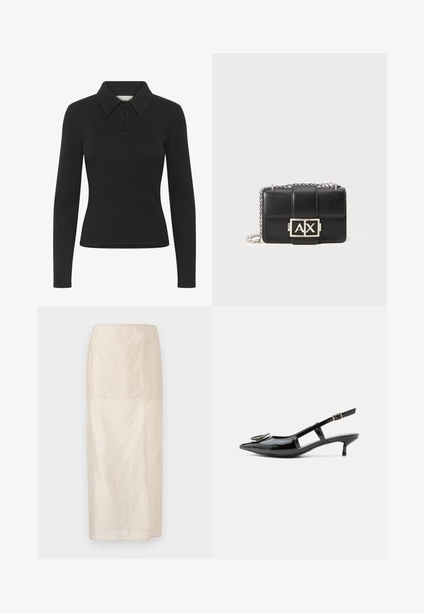 Sort langærmet polo-shirt med ribbet struktur, knaplukning og et subtilt logo. Har en klassisk krave-design.; Lang beige gennemsigtig nederdel med elastisk taljebånd og en sideslids, vist fladt på en hvid baggrund.; Sort laklæder slingback-sko med kitten-hæl, spids tå, udskårne sider, spænde rem og cirkulært metal detalje på tåen.; Sorte læderhåndtaske med quiltet design, sølvfarvet kædestrop og et fremtrædende sølvfarvet "AX" logo på fronten. Kompakt rektangulær form.