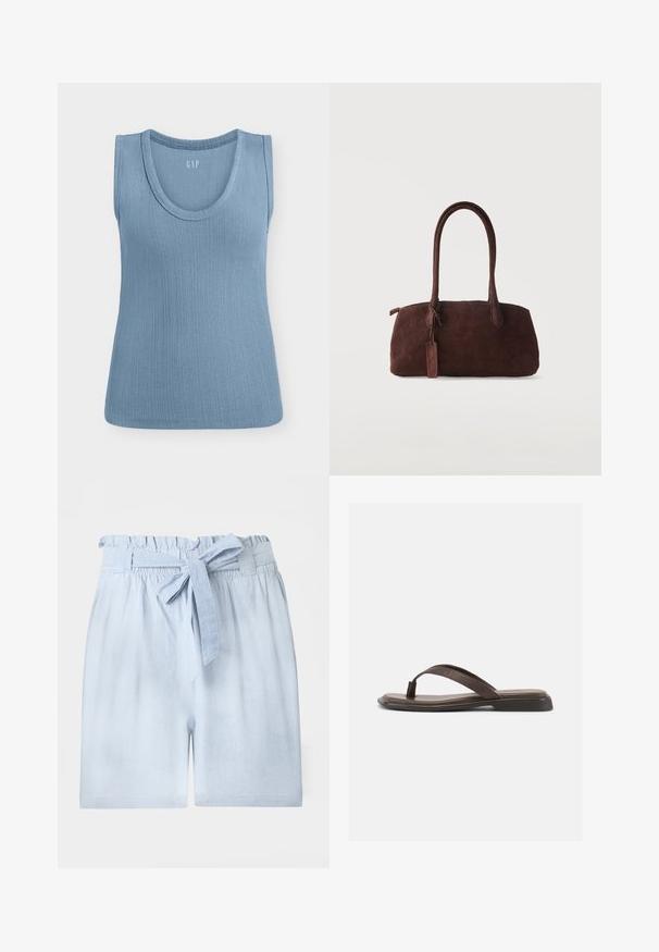 Haut bleu côtelé sans manches avec encolure ronde, présenté à plat sur fond blanc.; Shorts bleu clair taille haute avec taille élastiquée froncée et ceinture en tissu assortie nouée.; Sandale en cuir marron à lanière avec semelle plate noire et large bride sur le dessus, vue de profil sur fond blanc.; Sac à main en daim marron foncé avec deux longues anses et une petite étiquette attachée, sur un fond clair uni.