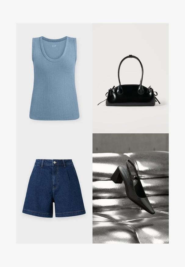 Haut bleu côtelé sans manches avec encolure ronde, présenté à plat sur fond blanc.; Short en denim bleu foncé taille haute avec plis à l'avant, fermeture par bouton, passants pour ceinture et jambes larges.; Escarpin noir à bride arrière avec bout pointu, présentant une surface texturée et un talon bloc épais. Posé sur un fond métallique brillant.; Petit sac à main noir brillant avec deux longues anses et des détails à cordon sur les côtés sur un fond clair uni.