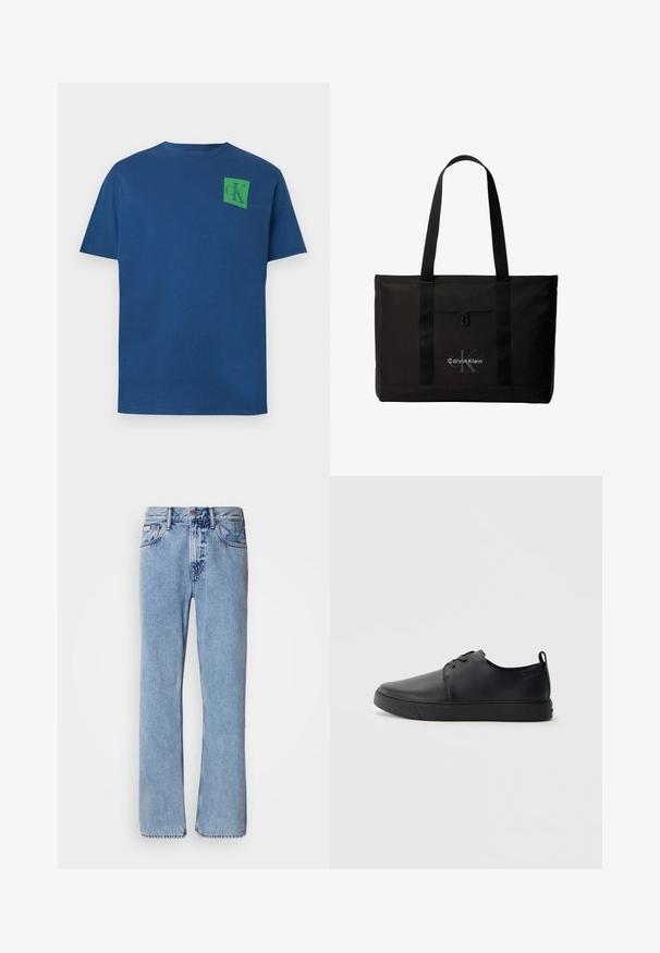 Blauwe katoenen t-shirt met ronde hals, korte mouwen en groen vierkant logo met het "cK" ontwerp op de bovenlinkerkant van de borst.; Lichtblauwe denim jeans met een recht ontwerp, vijf zakken en een knoopsluiting. Stikdetails nabij de zakken en de tailleband.; Zwarte leren sneaker met een gladde afwerking, ronde neus, tonale stiknaden, vetersluiting aan de voorkant en een vlakke rubberen zool. Lussje aan de hak.; Zwarte Calvin Klein totebag met twee lange handvatten en een voorvak, met het logo van het merk in wit en grijs.