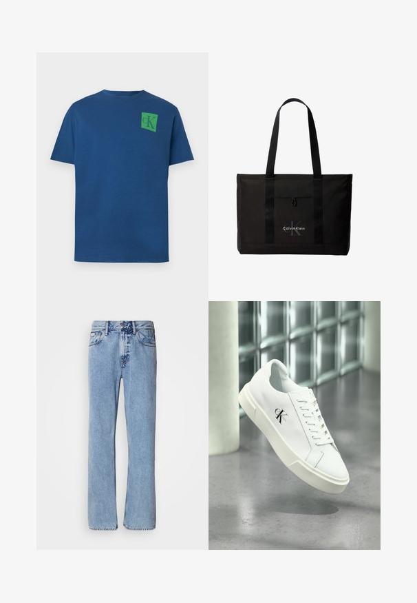 Camiseta de algodón azul con cuello redondo, mangas cortas y logo cuadrado verde con diseño "cK" en la parte superior izquierda del pecho.; Jeans de mezclilla azul claro con un diseño de pierna recta, cinco bolsillos y cierre de botón. Detalles de costura cerca de los bolsillos y la cintura.; Zapatilla blanca Calvin Klein con cordones, mostrada flotando sobre un suelo de cemento pulido y un fondo de pared de bloques de vidrio.; Bolso tote negro de Calvin Klein con dos asas largas y bolsillo delantero, con el logo de la marca en blanco y gris.