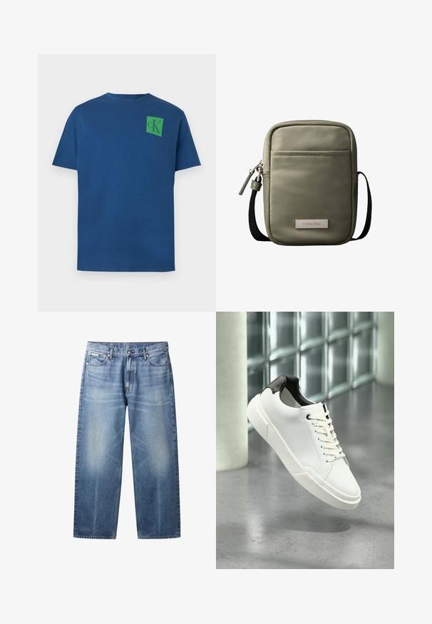 Blauwe katoenen t-shirt met ronde hals, korte mouwen en groen vierkant logo met het "cK" ontwerp op de bovenlinkerkant van de borst.; Lichtblauwe rechte jeans met vervaagde plekken, vijf zakken, knoopsluiting en Calvin Klein-label op de rechter voorzak.; Witte lage sneaker met zwarte, gestructureerde hielkap, witte veters en dikke zool op een gepolijste betonnen vloer nabij glazen blokken.; Compact olijfgroene crossbodytas met voorvak, zwarte verstelbare band, ritssluiting en Calvin Klein logoplaatje.