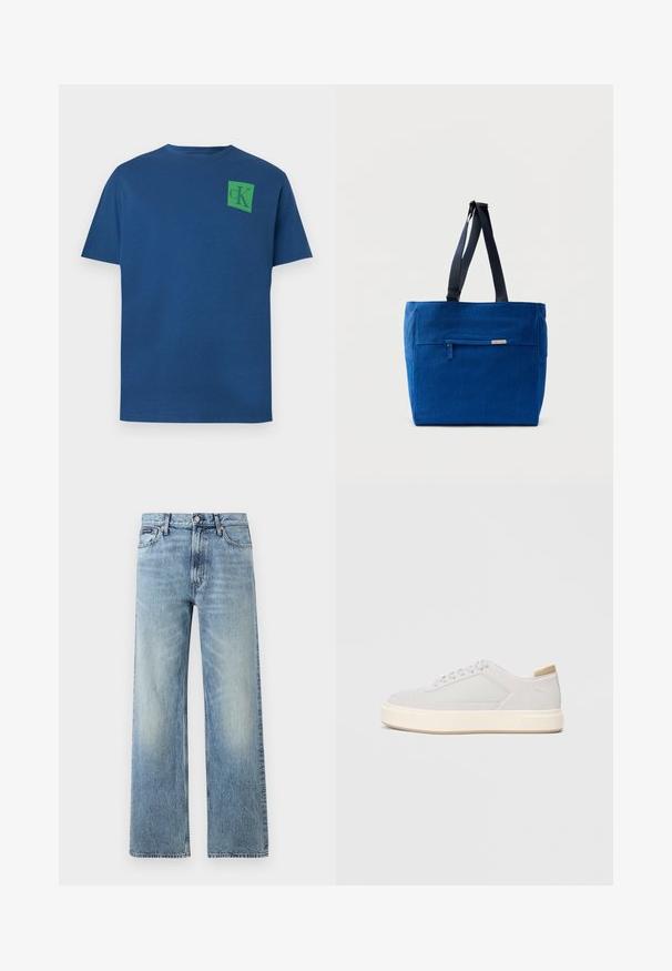 Blauwe katoenen t-shirt met ronde hals, korte mouwen en groen vierkant logo met het "cK" ontwerp op de bovenlinkerkant van de borst.; Lichtblauwe denim jeans met rechte pijpen, een hoge taille, vijf zakken, knoopsluiting en subtiele vervaging op de dijen en knieën.; Lichtgrijze sneakers met een glad synthetisch bovenwerk, ronde neus en een gestructureerde crème tussenzool. Lichte tan accenten op de hak.; Blauwe canvas boodschappentas met een voorvak met rits, dubbele schouderbanden en een rechthoekige vorm. Heeft een subtiel merklabel.