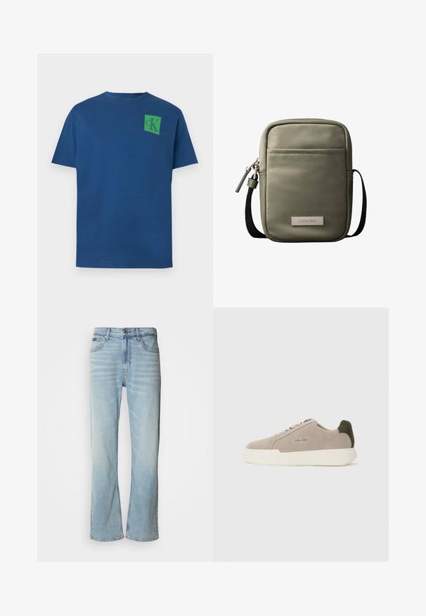 Camiseta de algodón azul con cuello redondo, mangas cortas y logo cuadrado verde con diseño "cK" en la parte superior izquierda del pecho.; Jeans de mezclilla azul claro con corte recto, que cuentan con cinco bolsillos, un cierre de botón y un ligero desvanecimiento en la tela.; Zapatillas de piel de ante beige con suela de goma blanca, que presentan un acento en el talón de color verde oscuro y un sutil logo en el lateral.; Bolso bandolera compacto verde oliva con bolsillo frontal, correa negra ajustable, cierre de cremallera y placa con el logo de Calvin Klein.