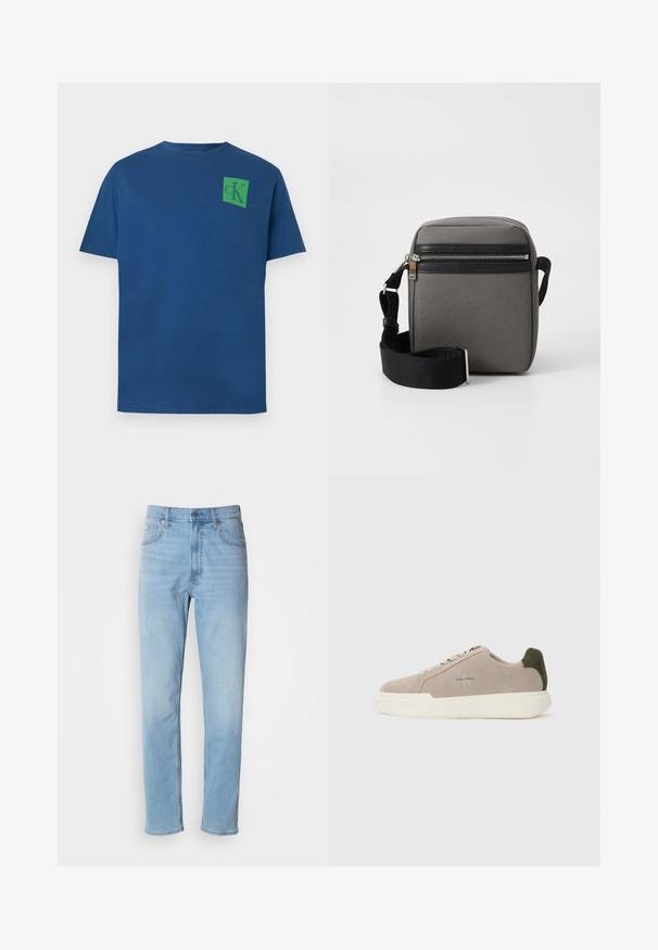 Camiseta de algodón azul con cuello redondo, mangas cortas y logo cuadrado verde con diseño "cK" en la parte superior izquierda del pecho.; Jeans de mezclilla azul claro con un corte recto, cinco bolsillos y trabillas para cinturón. La tela presenta una textura suave con un ligero efecto de desvanecimiento.; Zapatillas de piel de ante beige con suela de goma blanca, que presentan un acento en el talón de color verde oscuro y un sutil logo en el lateral.; Bolso bandolera de tela gris con un bolsillo con cremallera negra, correa ajustable y forma rectangular. Presenta una textura suave y herrajes de metal.