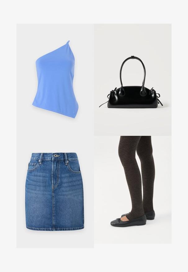 Haut asymétrique bleu en tissu lisse avec une seule bretelle et une coupe ajustée. Présente un ourlet net et un minimum de détails.; Jupe en denim bleu, coupe droite avec une ceinture, poches avant et une finition délavée. Présente des coutures contrastées et une braguette zippée.; Jambes portant des leggings côtelés foncés associés à des ballerines noires avec de petits détails en nœud sur fond blanc.; Petit sac à main noir brillant avec deux longues anses et des détails à cordon sur les côtés sur un fond clair uni.