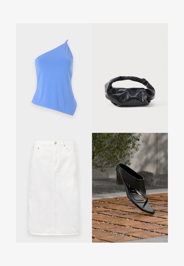 Haut asymétrique bleu en tissu lisse avec une seule bretelle et une coupe ajustée. Présente un ourlet net et un minimum de détails.; Jupe en denim blanc avec fermeture éclair sur le devant, design à cinq poches et silhouette droite avec des accents de couture.; Sandale noire à talon haut avec une lanière entre les orteils, flottant au-dessus d'une surface extérieure en bois et gravier à motifs, avec un arrière-plan flou de verdure et un mur.; Sac noir en matériau texturé et brillant avec une poignée circulaire torsadée et une fermeture éclair. Présente un design doux et froissé.