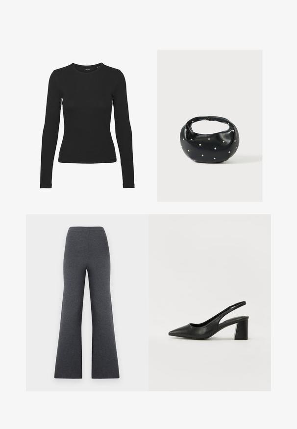 Camisa negra de manga larga hecha de tela acanalada. Presenta un escote redondo y un diseño ajustado sin patrones ni acentos visibles.; Pantalones de punto gris oscuro, de cintura alta y pierna ancha, con una textura suave, mostrados sobre un fondo blanco.; Tacones de slingback de cuero negro con punta afilada y tacón cuadrado. Presentan un diseño recortado y una textura suave, minimalista y moderna.; Bolso de mano de cuero negro con forma redondeada, decorado con detalles de tachuelas plateadas y un asa corta. Textura lisa y cierre con cremallera.