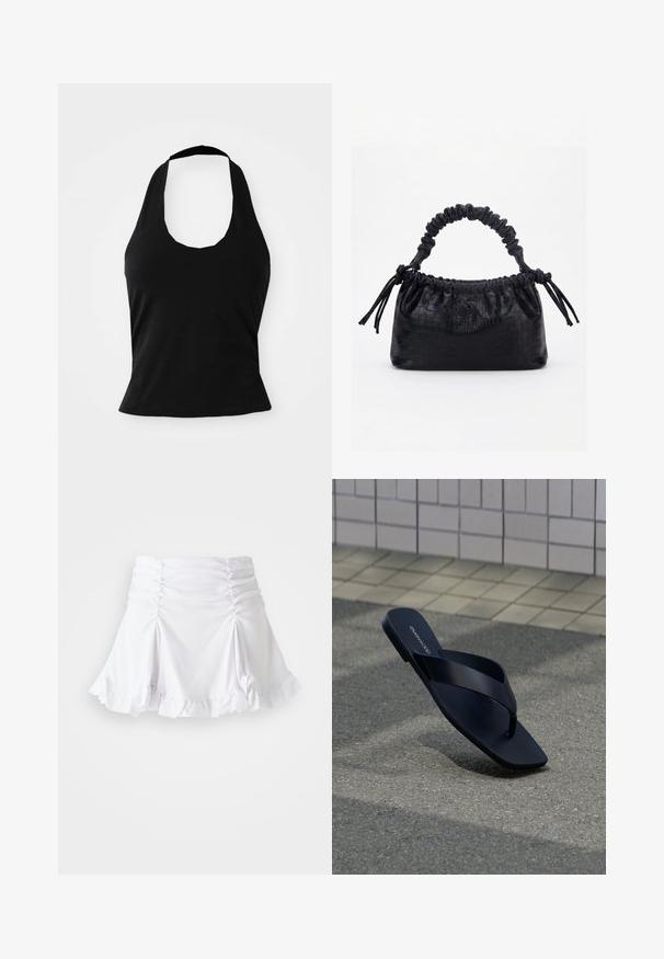 Μαύρο halter top από μαλακό ύφασμα, με στρογγυλή λαιμόκοψη και εφαρμοστή σιλουέτα, με λεία υφή και χωρίς ορατά σχέδια.; Λευκή φούστα από υφασμάτινη υφή με ρυτίνη και φουσκάλες στο τελείωμα. Διαθέτει ανοιχτή σχεδίαση με εφαρμοστό μέσο.; Μαύρο σανδάλι thong με τετράγωνη μύτη και το όνομα της μάρκας στη σόλα, τοποθετημένο όρθιο σε υφή πεζοδρομίου κοντά σε πλακιδωτό τοίχο.; Μαύρη τσάντα με υφή κροκοδείλου, με πτυχώσεις στην πάνω άκρη, μαζεμένη λαβή και κορδόνια με φούντες σε κάθε πλευρά, πάνω σε λευκό φόντο.