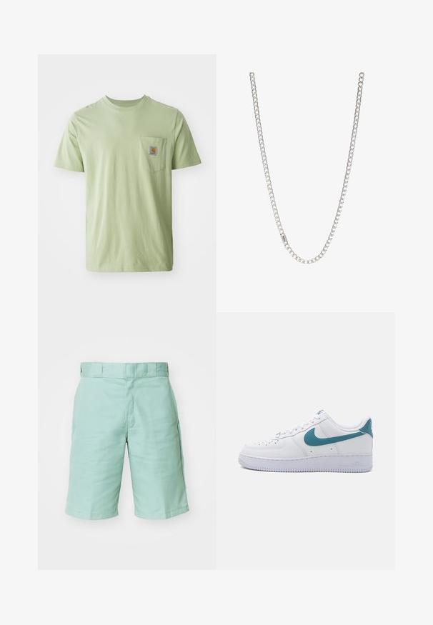 Lichtgroen t-shirt met korte mouwen van zachte stof, met een borstzak en een vierkante logopatch. Eenvoudig, onopgesmukt ontwerp.; Mintgroene cargoshorts van katoen, met twee zijzakken, een platte tailleband en gestikte zomen. Glad textuur zonder patronen.; Nike Sportswear AIR FORCE 1 07 ESS - Sneakers laag - white/smokey blue; Zilveren ketting met in elkaar grijpende schakels, een gladde textuur en een uniforme rechthoekige vorm. Veilige sluiting.