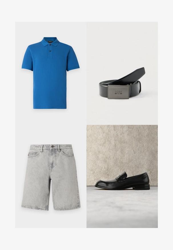 Polo bleu à manches courtes avec col, deux boutons noirs, coupe régulière, et logo discret « BOSS » sur la poitrine gauche.; Shorts en jean gris clair avec fermeture par bouton et fermeture éclair, passants pour ceinture et poches avant, présentés sur un fond blanc.; Mocassin en cuir noir avec un accent métallique, présenté en lévitation au-dessus d'un tapis beige, avec une table ronde de couleur ambre en arrière-plan.; Ceinture en cuir noir avec une finition lisse, dotée d'une boucle rectangulaire en métal gris embossée du logo "BOSS". Design élégant et simple.