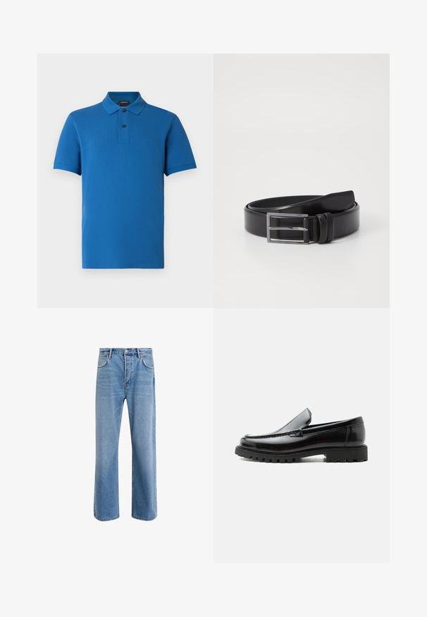 Polo bleu à manches courtes avec col, deux boutons noirs, coupe régulière, et logo discret « BOSS » sur la poitrine gauche.; Jeans en denim bleu clair avec une coupe droite, cinq poches, fermeture à bouton, peu d'usure et des détails de couture contrastés.; Mocassin en cuir noir avec semelle en caoutchouc épaisse, dessus cousu et nom de marque embossé sur le talon, présenté de profil sur fond blanc.; Ceinture en cuir noir au toucher lisse, dotée d'une boucle rectangulaire en argent et d'un double détail de broche. Design classique et polyvalent.
