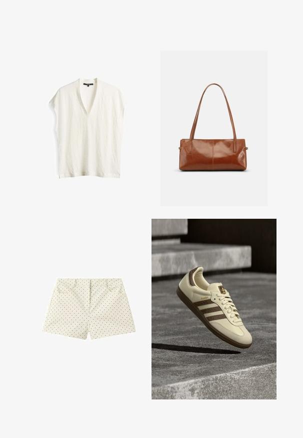 Weißes V-Ausschnitt-Oberteil mit kurzen Ärmeln, aus weichem, strukturiertem Stoff. Leichtes Design mit lockerer Passform und ohne sichtbare Verschlüsse.; Helle, cremefarbene Shorts mit kleinen schwarzen Punkten, vorderen Taschen und einem abgesteppten Bund.; Sneaker in Cremefarbe mit braunen Akzenten, strukturierten seitlichen Streifen und glattem Lederfinish. Verfügt über ein Schnürdesign und eine Gummisohle.; Rechteckige braune Lederhandtasche mit zwei langen Schulterriemen, glattem glänzendem Finish und minimalistischem Design vor einfarbigem Hintergrund.