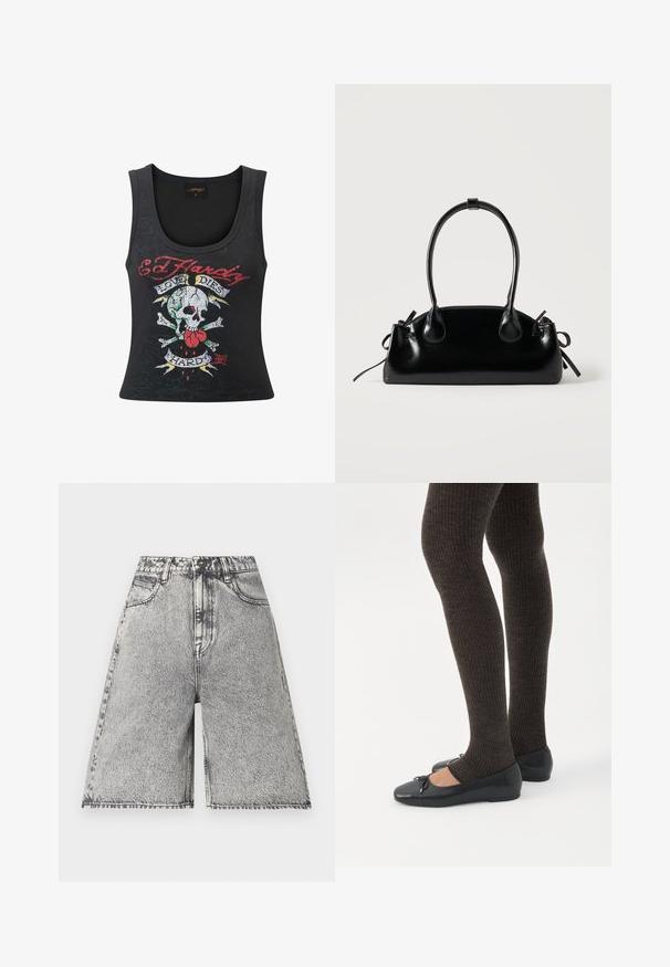 Top sin mangas negro con un atrevido gráfico de calavera y tibias cruzadas con un corazón, acentos multicolores y el texto "Love Dies Hard".; Shorts de mezclilla en un patrón de lavado ácido negro y gris, con una cintura alta, trabillas para cinturón y cinco bolsillos. Los bordes están acabados.; Piernas con leggings oscuros acanalados combinados con bailarinas negras que presentan pequeños detalles de lazo sobre un fondo blanco.; Pequeño bolso negro brillante con dos asas largas y detalles de cordón lateral sobre un fondo claro liso.