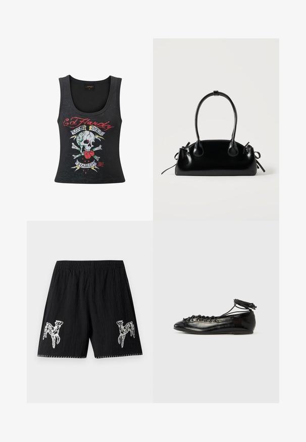 Sort ærmeløs tanktop med et dristigt dødningehoved og korsfakta-tryk med et hjerte, flerfarvede accenter og teksten "Love Dies Hard".; Sorte shorts i struktureret stof; har hvid broderet design på begge ben og kontrastsyninger langs kanten. Elastisk talje.; Sorte balletflade sko i laklæder med rundet tå, snørelukning og flad sål. Glat tekstur med få detaljer.; Lille sort blank håndtaske med to lange håndtag og snøre-detaljer i siden på en ensfarvet lys baggrund.