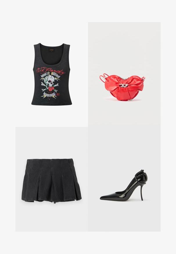 Top sin mangas negro con un atrevido gráfico de calavera y tibias cruzadas con un corazón, acentos multicolores y el texto "Love Dies Hard".; Minifalda negra plisada con detalles de costuras visibles, hecha de tela vaquera, mostrada sobre un fondo claro y liso.; Zapato de tacón alto de charol negro con punta afilada y parte trasera abierta. Presenta un detalle curvo único en el talón. Acabado elegante y brillante.; Bolso de mano de cuero rojo con forma de corazón, diseño fruncido, cremallera plateada y un destacado logo metálico en la parte frontal.
