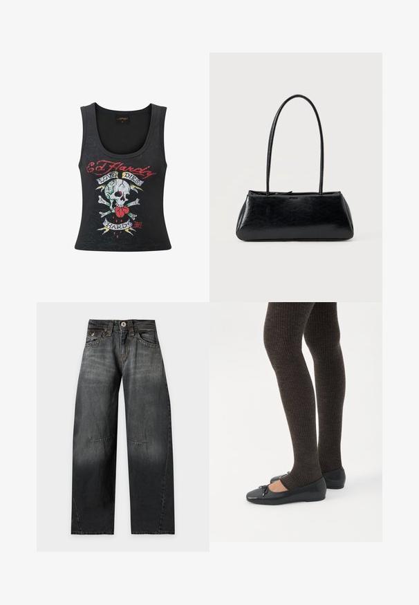 Sort ærmeløs tanktop med et dristigt dødningehoved og korsfakta-tryk med et hjerte, flerfarvede accenter og teksten "Love Dies Hard".; Sorte vidde jeans med knaplukning, for- og baglommer samt synlige sømdetaljer på benene.; Ben iført mørke ribbede leggings kombineret med sorte balletsko med små sløjfedetaljer på hvid baggrund.; Sort rektangulær skuldertaske med lange tynde stropper og en glat, blank tekstur på en ensfarvet baggrund.