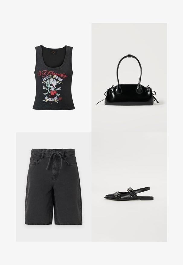 Top sin mangas negro con un atrevido gráfico de calavera y tibias cruzadas con un corazón, acentos multicolores y el texto "Love Dies Hard".; Pantalones cortos de mezclilla negros con trabillas para cinturón, bolsillos delanteros y un cordón atado en la cintura, mostrados sobre un fondo liso.; Even&Odd Bailarinas con tira trasera - black; Pequeño bolso negro brillante con dos asas largas y detalles de cordón lateral sobre un fondo claro liso.