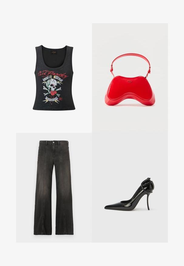 Sort ærmeløs tanktop med et dristigt dødningehoved og korsfakta-tryk med et hjerte, flerfarvede accenter og teksten "Love Dies Hard".; Sort denim i brede ben med en falmet finish, med to forlommer og syede detaljer langs sømmene. Høj talje.; Sort laklædersko med høj hæl, spids tå og åben hæl. Har en unik buet detalje ved hælen. Slank og glansfuld finish.; Rød taske i laklæder med en buet, ergonomisk form, der har en tynd justerbar rem og en diskret logodetalje foran.